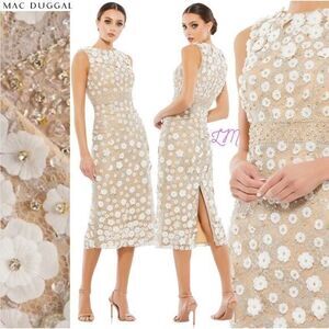 Mac Duggal 67853 Floral Applique Sleeveless Midi Sheath‎ Dress Ivory Nude Size 0